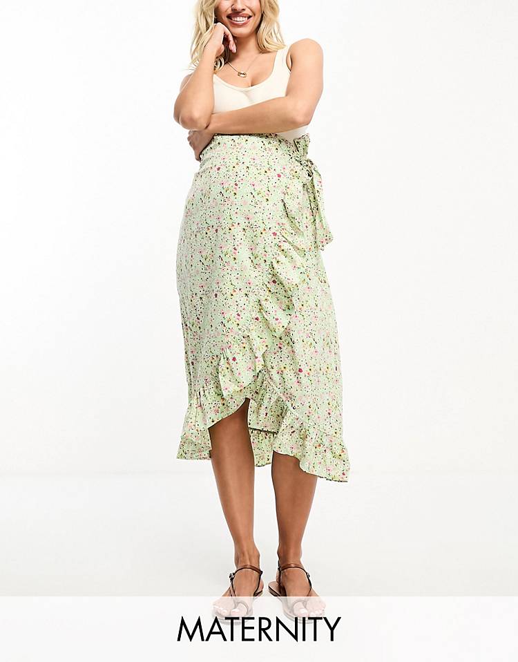 Vero Moda Maternity wrap front midi skirt in green florals